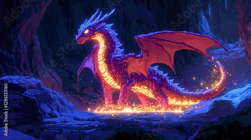A pixel dragon guarding a glowing neon hoard in a cave