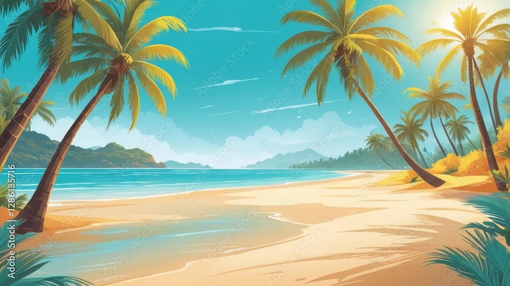 Idyllic tropical beach with palm trees and turquoise water painting illustration