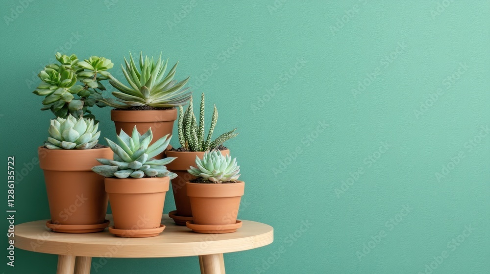 Fototapeta premium Arrangement of Potted Succulents on a Table Against a Green Wall