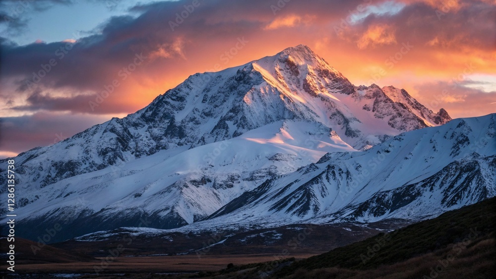 Fototapeta premium Majestic Snow-Capped Mountain at Sunset or Sunrise
