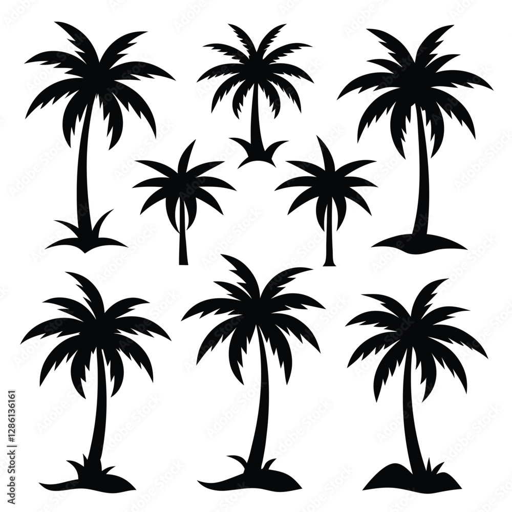 Palm Tree Silhouettes Set - Black and White Minimalist Palm Icons. Palm Tree Silhouettes Set - Black and White Minimalist Palm Icons.