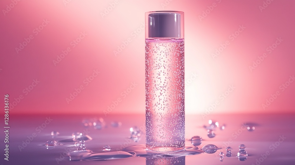 Glowing skincare bottle with water droplets, symbolizing purity and rejuvenation in spa-inspired self-care. Glowing skincare bottle with water droplets, symbolizing purity and rejuvenation in spa-inspired self-care.