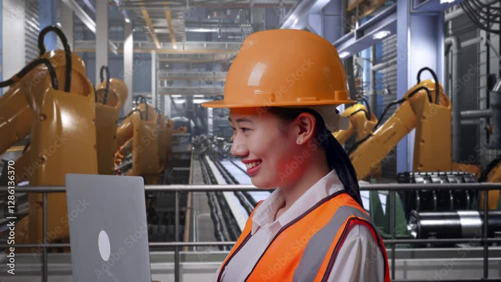custom made wallpaper toronto digitalClose Up Side View Of Asian Female Engineer With Safety Helmet Working On A Laptop And Looking Around While Standing With Industrial Robotic Arms Working