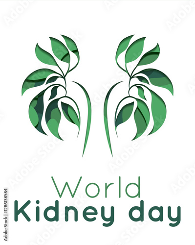 World Kidney Day vertical banner. Paper cut postcard with kidneys made of foliage with text. Health awareness. Support and treatment of human internal organs.