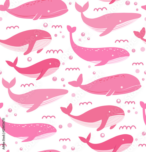 Vector seamless pattern with cute pink hand drawn whales with bubbles on white background. Childish background with fish and waves for wallpaper and fabric