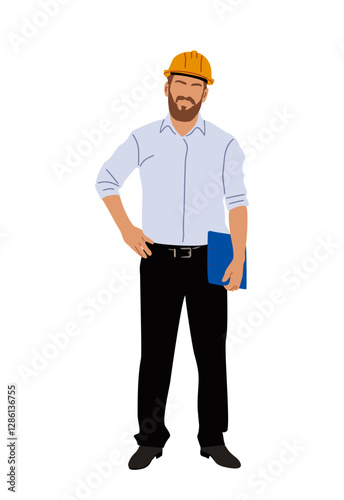 Business man, builder, engineer standing in white shirt and black pants and holding blue folder. He is wearing a hard hat. Concept of professionalism. Flat vector illustration isolated.