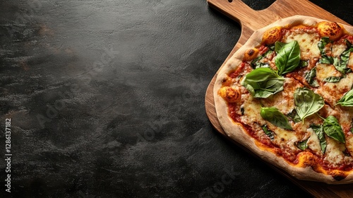 This tantalizing image features a freshly baked pizza topped with vibrant green basil leaves, presented on a rustic wooden serving board for an inviting look.
