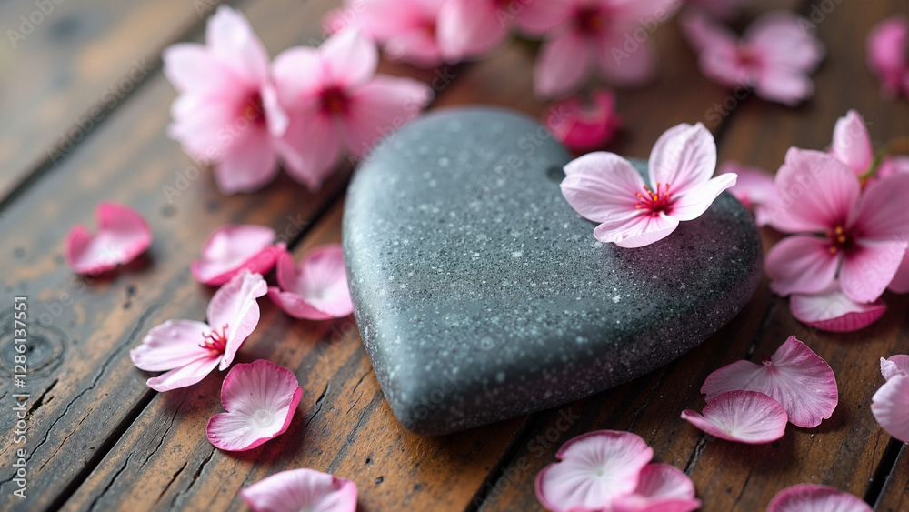 Cherry Blossom Petals and Stone Heart on Rustic Wood: Perfect for Mother's Day Cards and Spring-themed Designs Cherry Blossom Petals and Stone Heart on Rustic Wood: Perfect for Mother's Day Cards and Spring-themed Designs