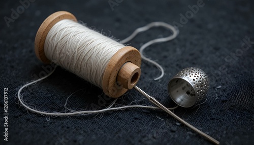 Wooden spool of thread with a needle and a thimble on a dark fabric.