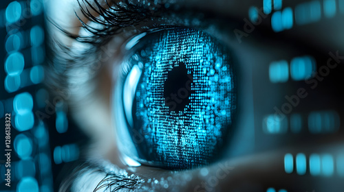 Digital Eye: A macro shot reveals a human eye transformed into a digital landscape, the iris mirroring a complex circuit board design, hinting at concepts of technology, artificial intelligence.