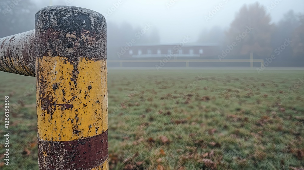 Rusty Post and Foggy Football Field In Autumn Rusty Post and Foggy Football Field In Autumn