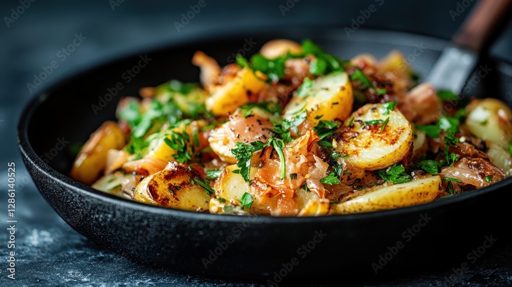 An enticing bowl of savory potatoes mixed with fresh ingredients, radiating flavors that invite warmth and camaraderie among friends and family. An enticing bowl of savory potatoes mixed with fresh ingredients, radiating flavors that invite warmth and camaraderie among friends and family.