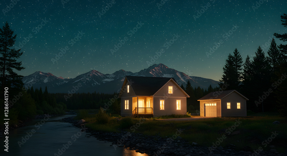 Cabin Home with Night Sky Landscape and Mountains in the Background Cabin Home with Night Sky Landscape and Mountains in the Background