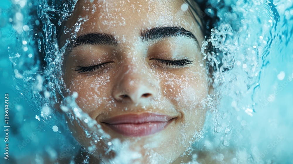Captures a serene moment of a woman smiling as water splashes over her face, highlighting the interplay of nature and human emotion in a joyful expression. Captures a serene moment of a woman smiling as water splashes over her face, highlighting the interplay of nature and human emotion in a joyful expression.