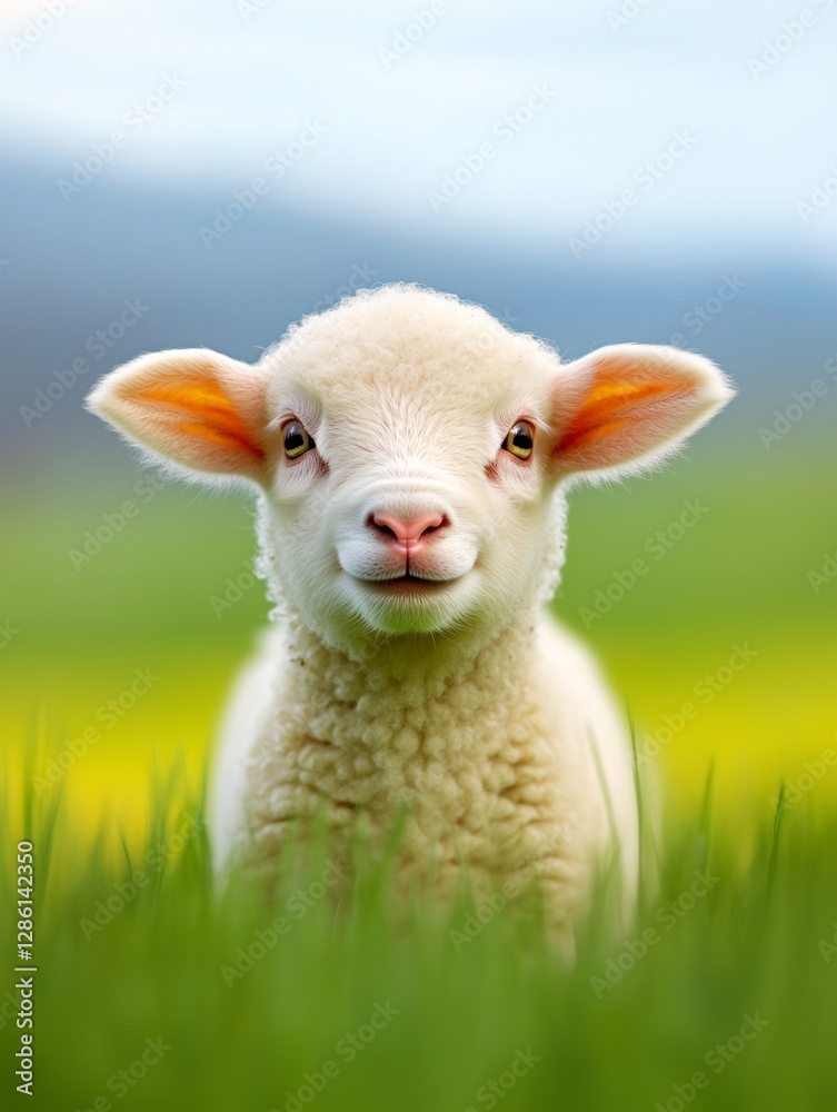 Fototapeta premium Cute lamb looking at the camera on a farm.