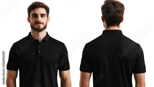 Realistic black polo shirt mockup, front and back views. Mens collared short sleeve shirt template on white background PNG