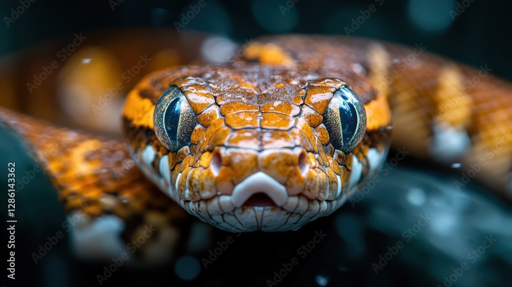 This captivating close-up image showcases a vividly patterned snake, highlighting its intricate scales and striking eyes, emphasizing the beauty of these reptiles in nature. This captivating close-up image showcases a vividly patterned snake, highlighting its intricate scales and striking eyes, emphasizing the beauty of these reptiles in nature.