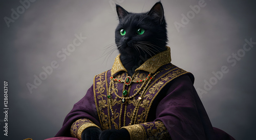 Elegant Black Cat Portrait Dressed in Royal Attire with Jewelry