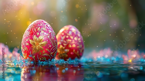 Artistic and Colorful Easter Eggs Decorated with Floral Patterns on a Vibrant Background of Springtime Splendor