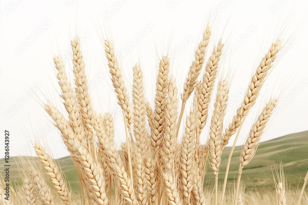 Golden Wheat Field: A close-up shot showcases the golden ears of wheat swaying gently in the wind, with a hint of rolling hills in the background, creating a serene and bountiful landscape