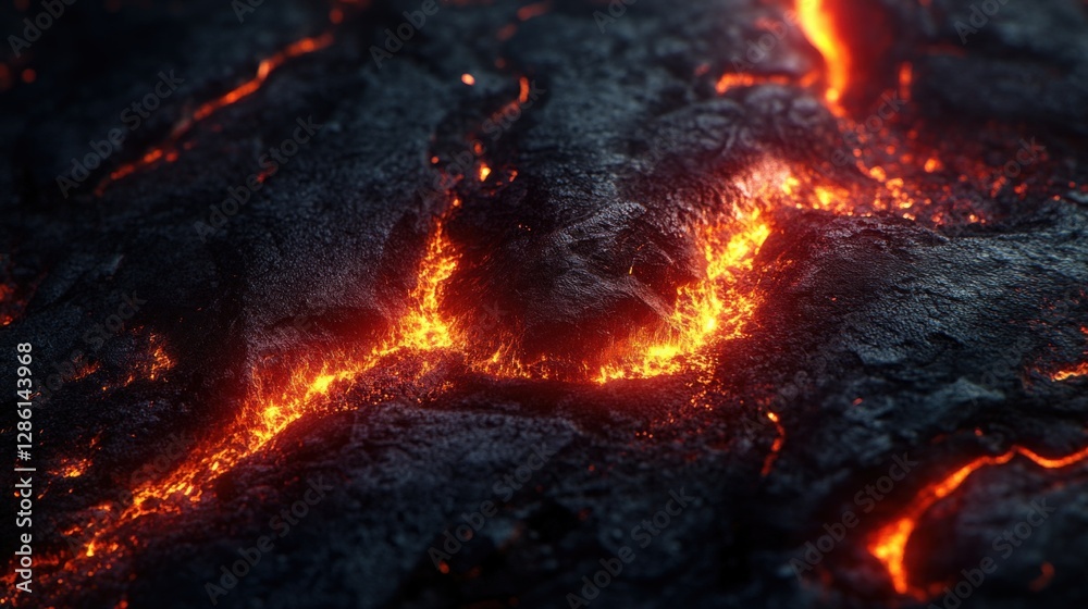 Glowing Lava Flow Texture on Dark Volcanic Rock Surface Glowing Lava Flow Texture on Dark Volcanic Rock Surface