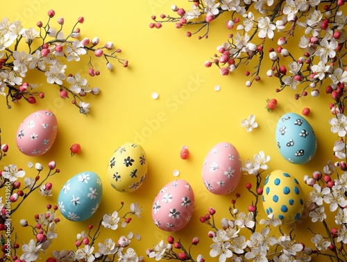 Colorful Decorated Easter Eggs Surrounded by Flowers on Bright Yellow Background