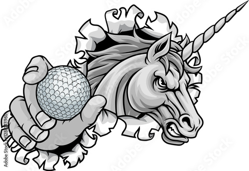 Unicorn horse stallion angry golf sports team mascot holding a ball.
