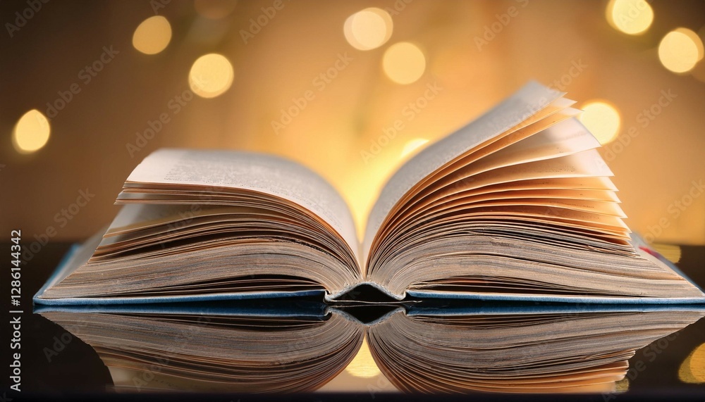 Fototapeta premium an open book resting on a table with a reflective surface