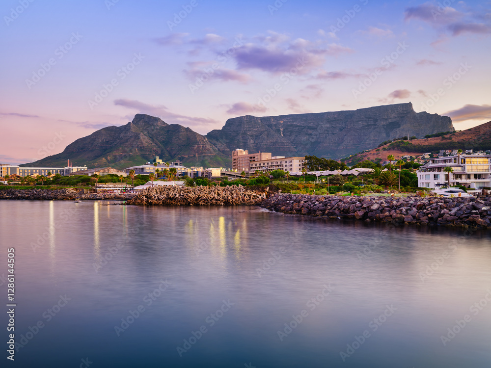 Long Exposure Shot of Table Mountain and the Waterfront from Mouille Point at Twilight, Cape Town, South Africa