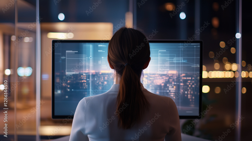 Caucasian woman engaging with 3D digital content in modern office Caucasian woman engaging with 3D digital content in modern office