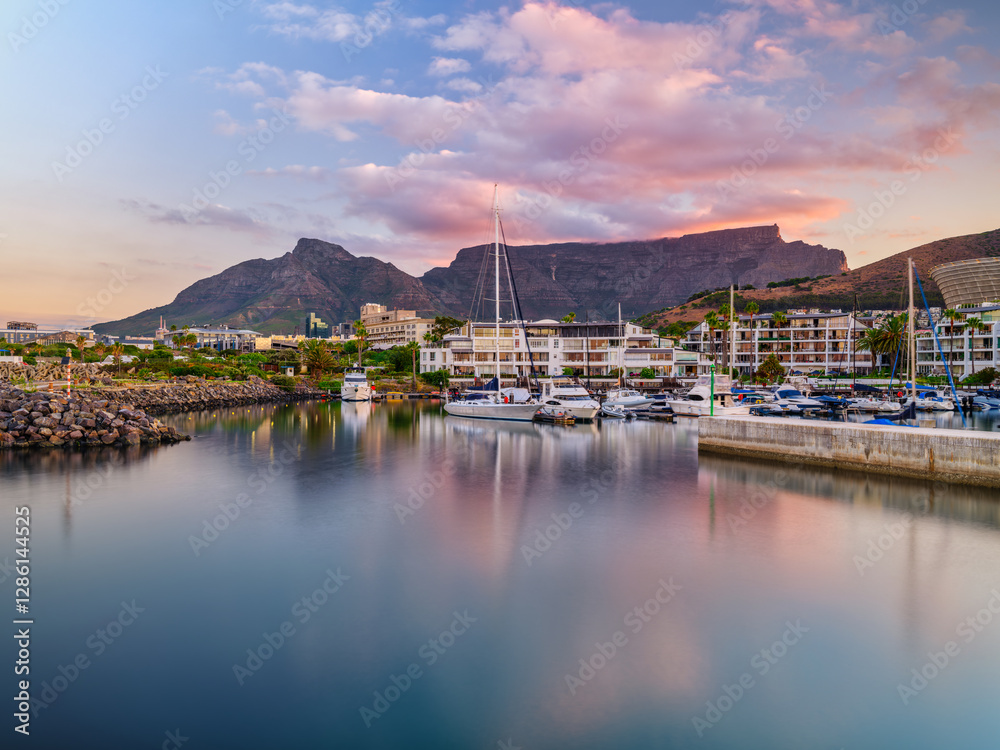 Long Exposure Shot of Table Mountain and Granger Bay Harbour with Colorful Cloud Sunset, Cape Town, South Africa
