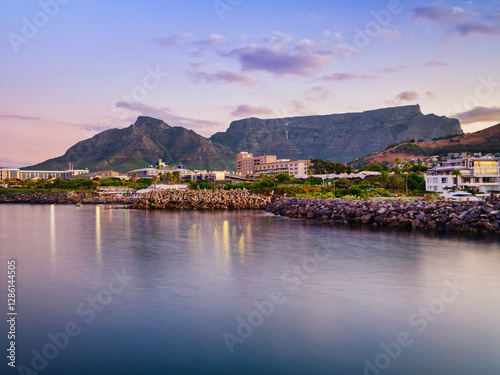 Long Exposure Shot of Table Mountain and the Waterfront from Mouille Point at Twilight, Cape Town, South Africa
