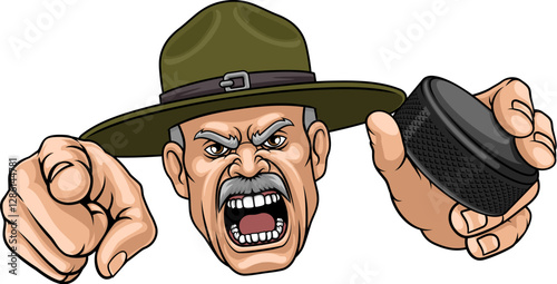 An angry drill instructor or sergeant bootcamp army soldier cartoon character holding hockey puck and pointing ice hockey sports team mascot illustration.