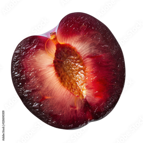 Freshly sliced plum showcasing vibrant red and purple hues, revealing its juicy interior and seed. Perfect for healthy snacks or culinary presentations