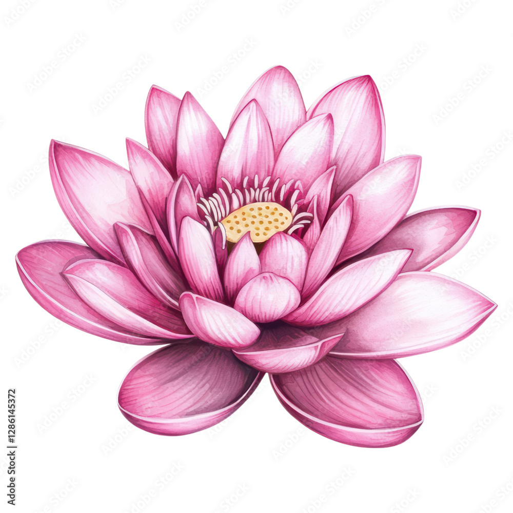 Obraz premium Watercolor lotus flower with pink petals and yellow, Flower, isolated on transparent background