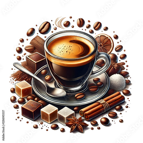 Glass cup of espresso coffee isolated on white background