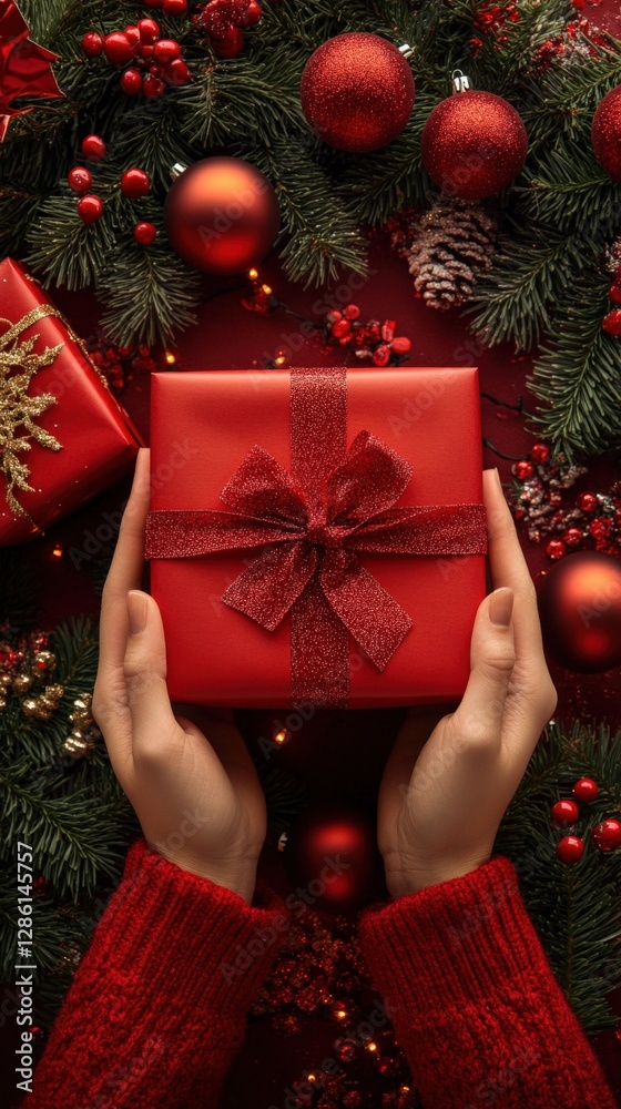 Festive Red Christmas Gift Held in Hands Surrounded by Holiday Decorations Festive Red Christmas Gift Held in Hands Surrounded by Holiday Decorations