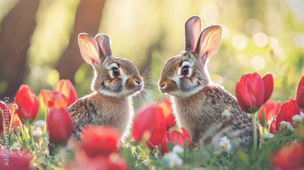 Adorable Rabbits Surrounded by Vibrant Red Flowers in a Lush Green Setting, Perfect for Festive Celebrations Adorable Rabbits Surrounded by Vibrant Red Flowers in a Lush Green Setting, Perfect for Festive Celebrations