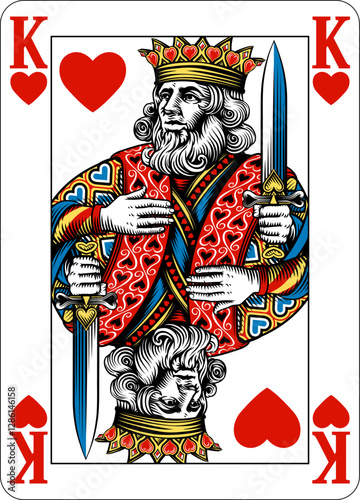 King of Hearts design from a new original deck of playing cards. Four pip left handed version with identifier in all four corners.