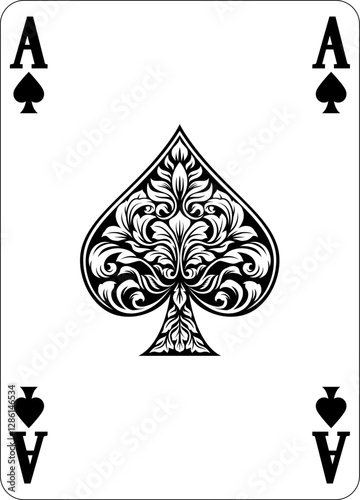Ace of Spades design from a new original deck of playing cards. Four pip left handed version with identifier in all four corners.