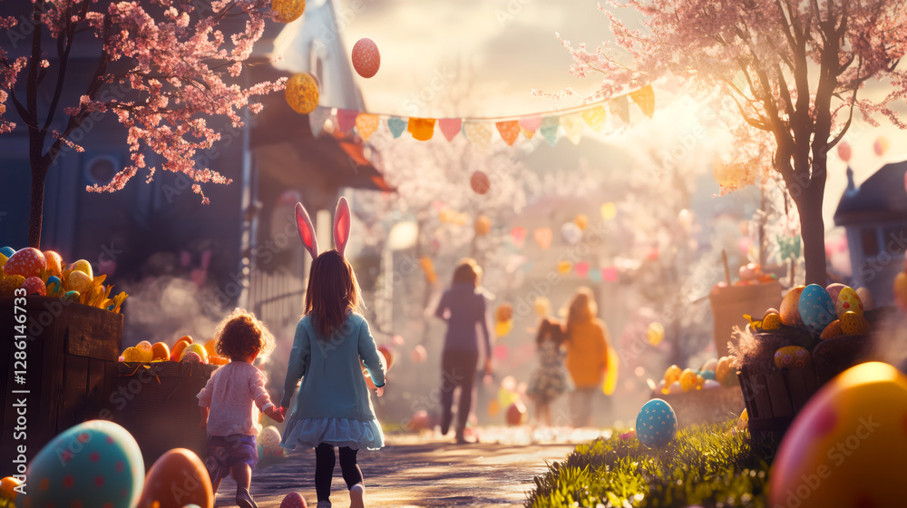 Happy children on the street decorated for Easter with spring flowers and colored eggs. Easter Egg Hunt. Happy Easter!