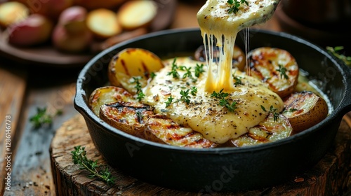 Dramatic Side View of Melted Raclette Cheese Poured Over Grilled Potatoes with Fresh Thyme and Rustic Setting