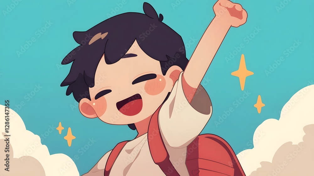 of an excited young boy jumping up enthusiastically with arms raised expressing joy energy and a positive celebratory attitude The character design showcases a vibrant lively and youthful spirit of an excited young boy jumping up enthusiastically with arms raised expressing joy energy and a positive celebratory attitude The character design showcases a vibrant lively and youthful spirit