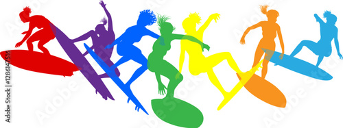 Surfer surfboard boarding female surfers surfing colorful silhouette outlines. Women surf group design concept.