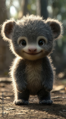 A charming, fluffy forest dweller with big eyes, radiating friendliness and adventure