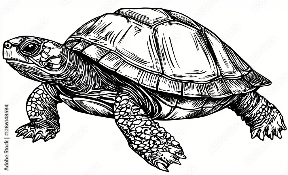 Fototapeta premium Turtle Resting on Sand Monochrome Vector Art: Calm Illustration Isolated on White for Wildlife Branding and Posters