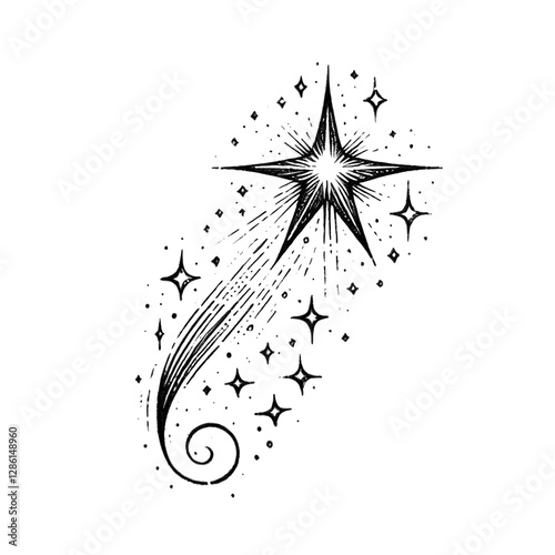 A tiny tattoo of a shooting star with a trailing line. sketch engraving, white background.