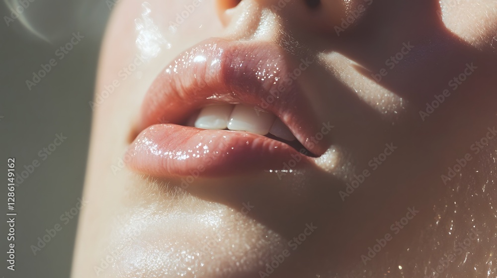 Fototapeta premium Intimate Close up of Luscious Glossy Lips in Soft Focus Highlighting the Beauty Sensuality and Allure of the Subject Captivating and Seductive Imagery Evoking Passion and Desire