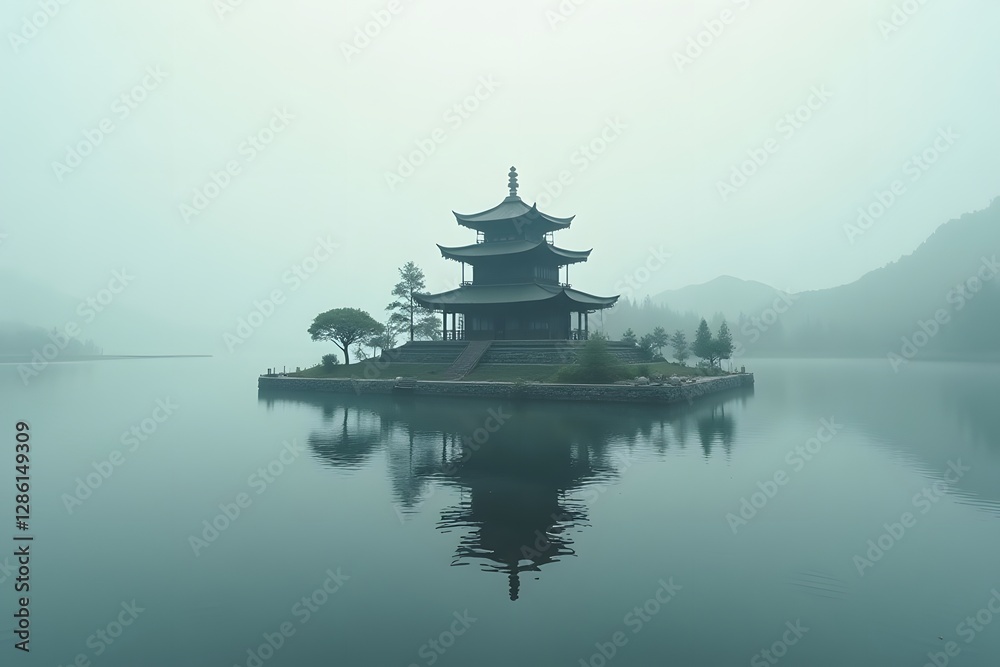 Obraz premium A floating temple in the middle of a serene lake, its reflection shimmering in the still water.