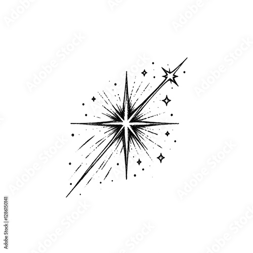 A tiny tattoo of a shooting star with a trailing line. sketch engraving, white background.